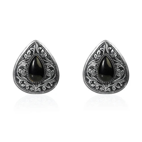 Oxidized Silver Teardrop Stud Earrings with Black Onyx Stone
