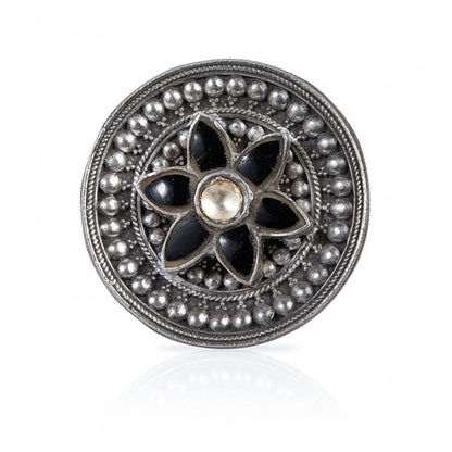 Oxidized Silver Adjustable Ring with Black Onyx Petals and White CZ Center