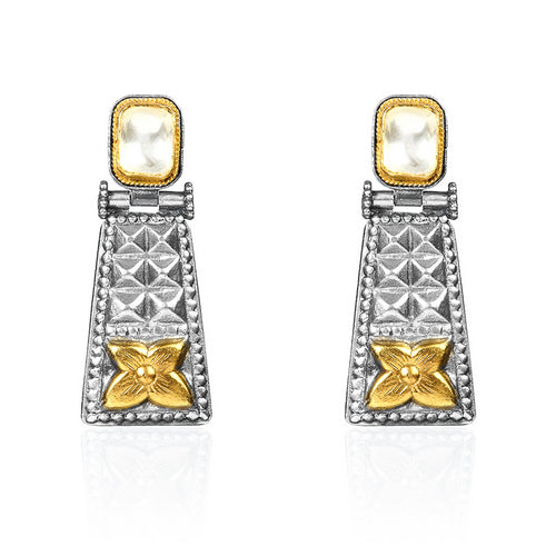 Oxidized Silver & Gold Tone Trapezoid Dangle Earrings with Stone and Floral Motif