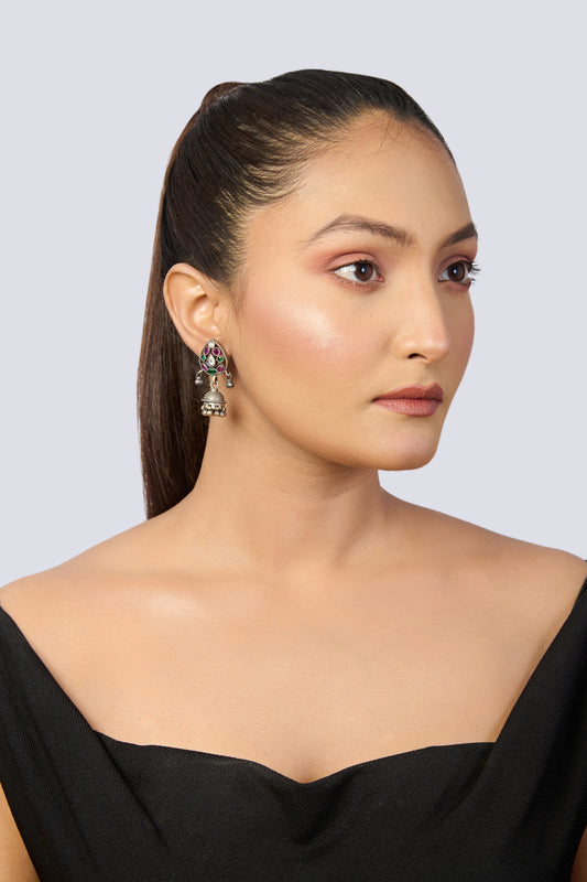 Jaipuri Antique Oxidised Jhumka Earrings with Multi-Color Stones