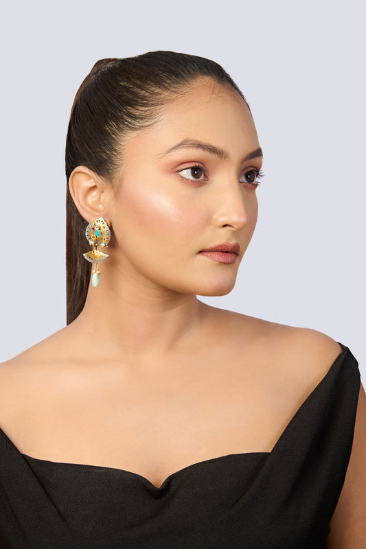 Ethnic Leaf & Peacock Design Earrings with Gemstone & Bead Drops