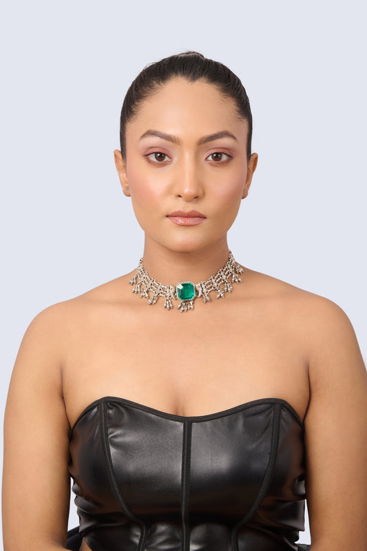 Antique-Inspired Silver Tone Choker with Emerald Center and Intricate Details
