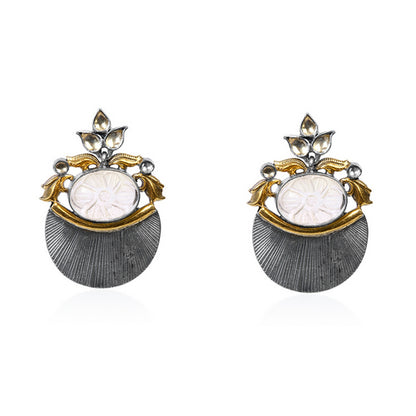 Dual-Tone Carved Stone Stud Earrings with Fan Drop