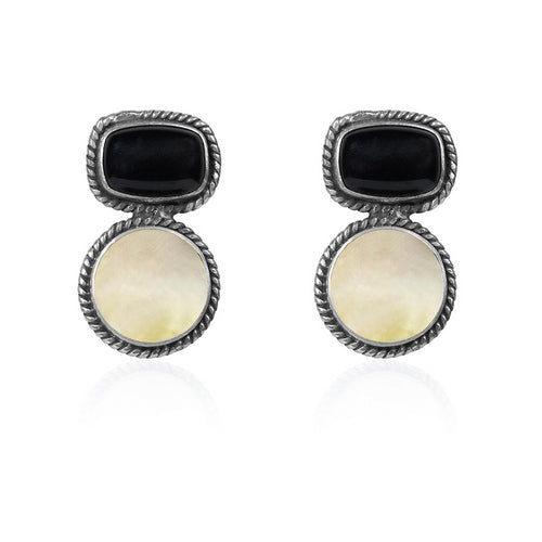 Oxidized Silver Onyx & Mother-of-Pearl Drop Earrings