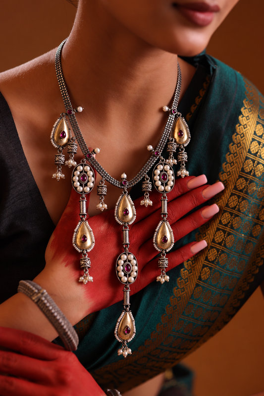 925 Silver Pearl Teardrop Tiered Statement Necklace