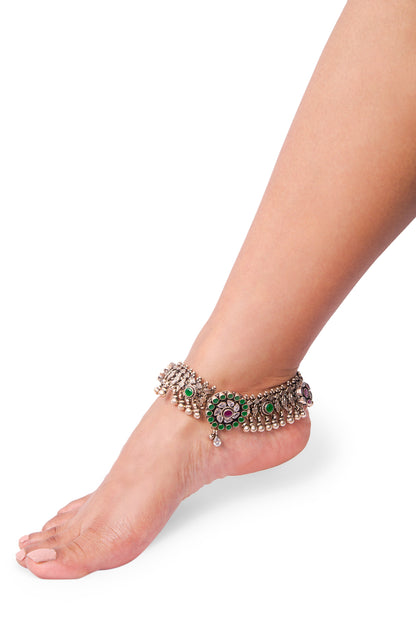 Elegant Floral Green-Red Stone Wrap Anklet