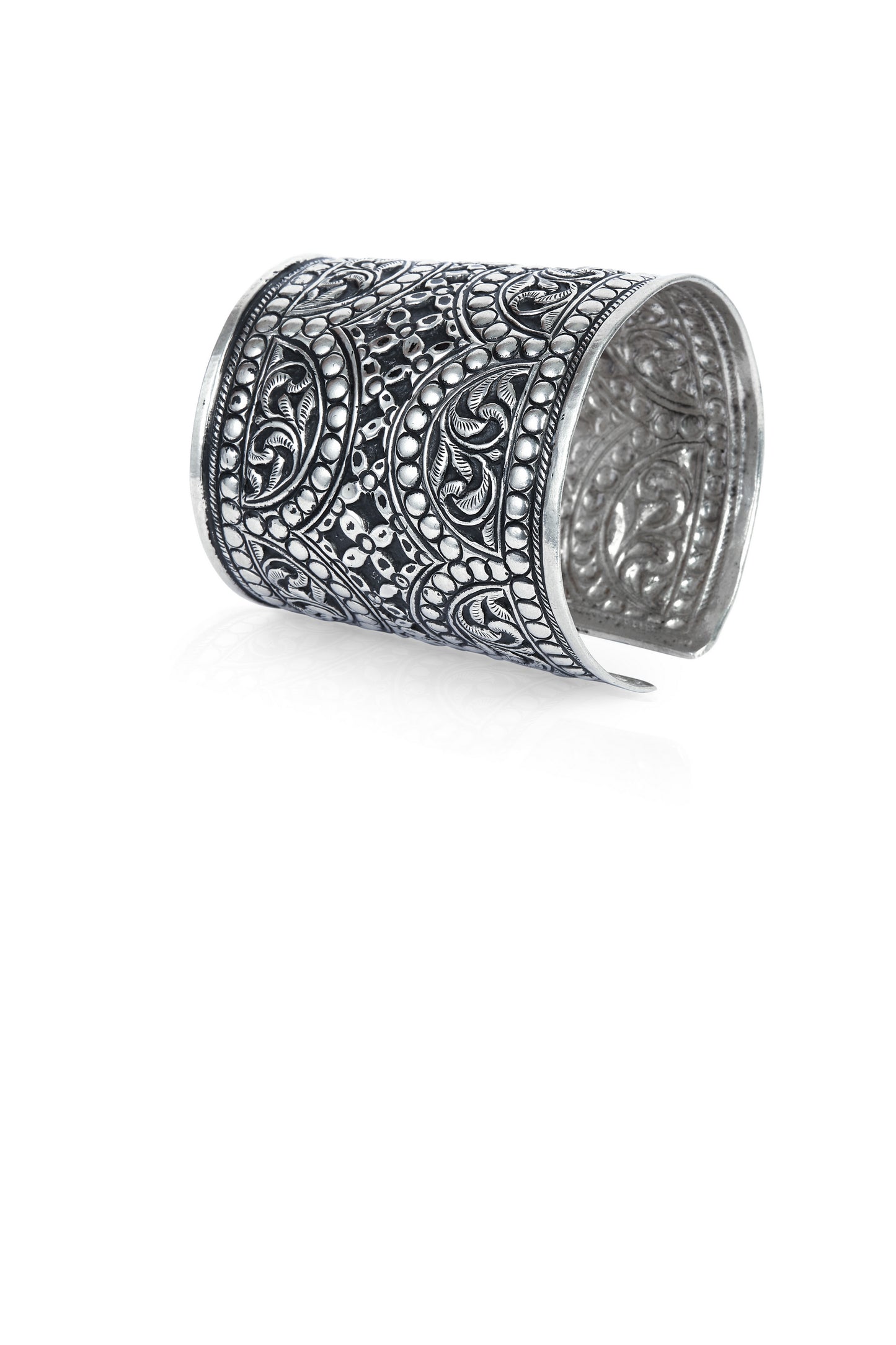 Wide Antique Silver Plated Statement Cuff with Floral & Dot Patterns
