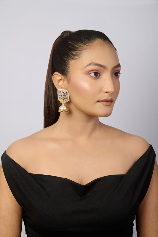 Oxidized Silver Square Jhumka Earrings with Leaf Design, Pearl Border, and Golden Drops