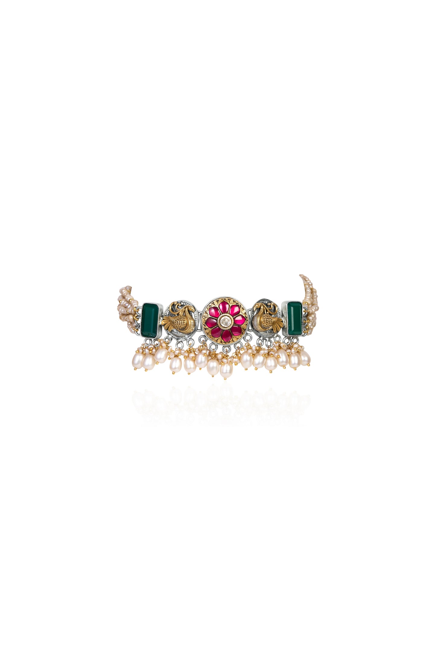 Oxidized Silver and Gold Choker with Peacock Motifs, Emeralds, Rubies, Pearls, and Kundan Style
