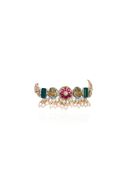 Oxidized Silver and Gold Choker with Peacock Motifs, Emeralds, Rubies, Pearls, and Kundan Style