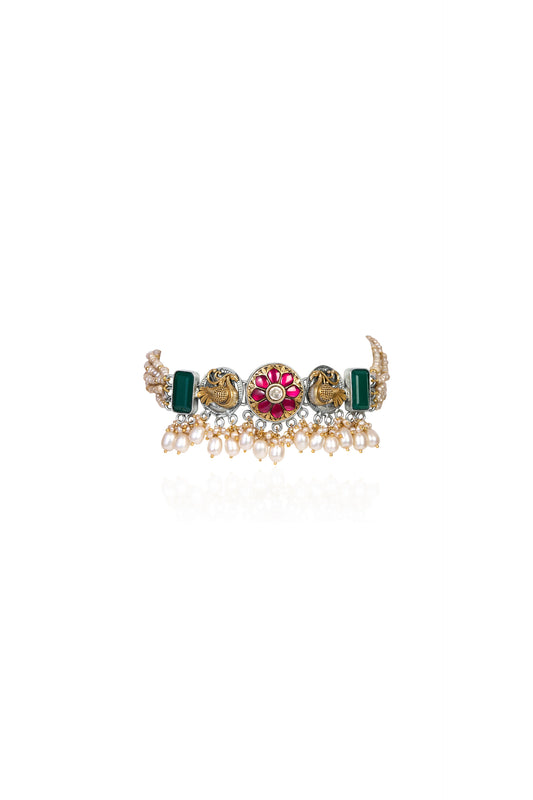 Oxidized Silver and Gold Choker with Peacock Motifs, Emeralds, Rubies, Pearls, and Kundan Style