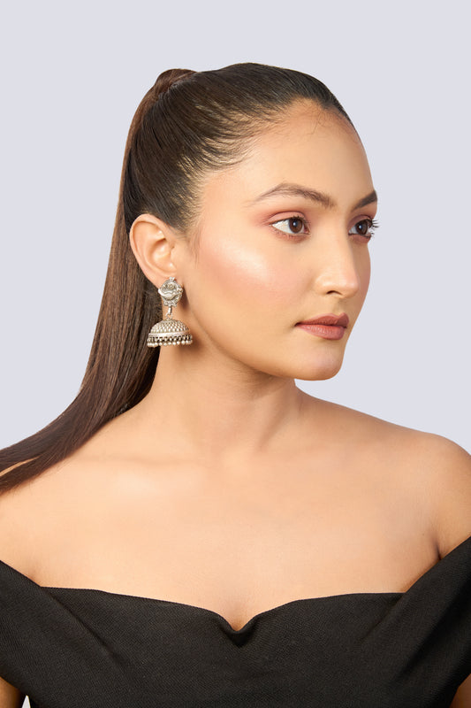 Oxidized Silver Bird & Floral Jhumka Earrings