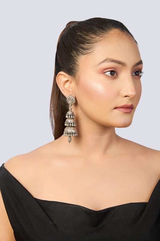 Traditional Oxidized Silver Multi-Tier Jhumka Earrings