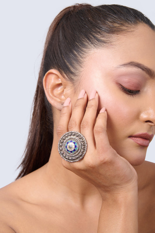 Ethnic Adjustable Ring in Oxidized Silver with Detailed Multicolor Enamel Work