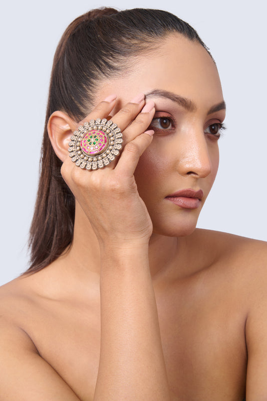 Adjustable Oxidized Silver Ring with Gold Beading and Colorful Centerpiece
