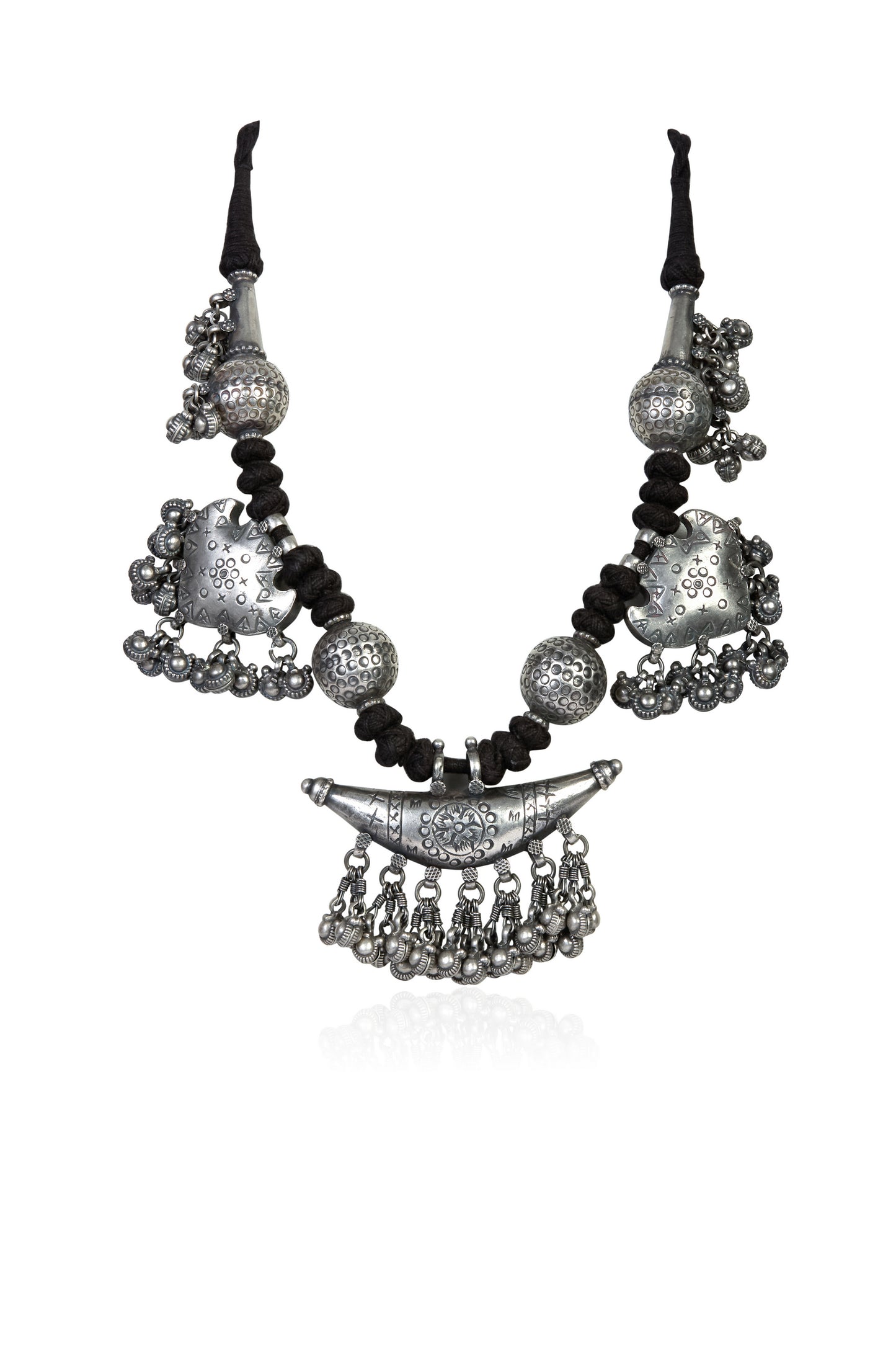 Oxidized Silver Tribal Necklace with Dangle Charms on Black Cord