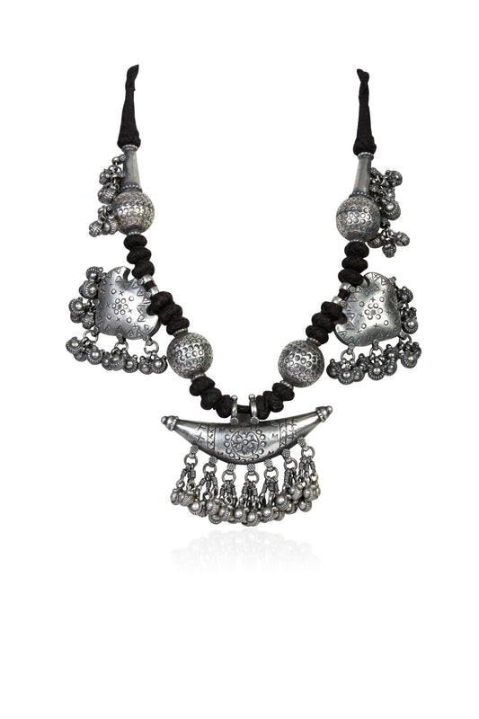 Oxidized Silver Tribal Necklace with Dangle Charms on Black Cord