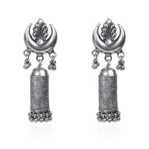 Oxidized Silver Crescent & Carved Cylindrical Drop Earrings