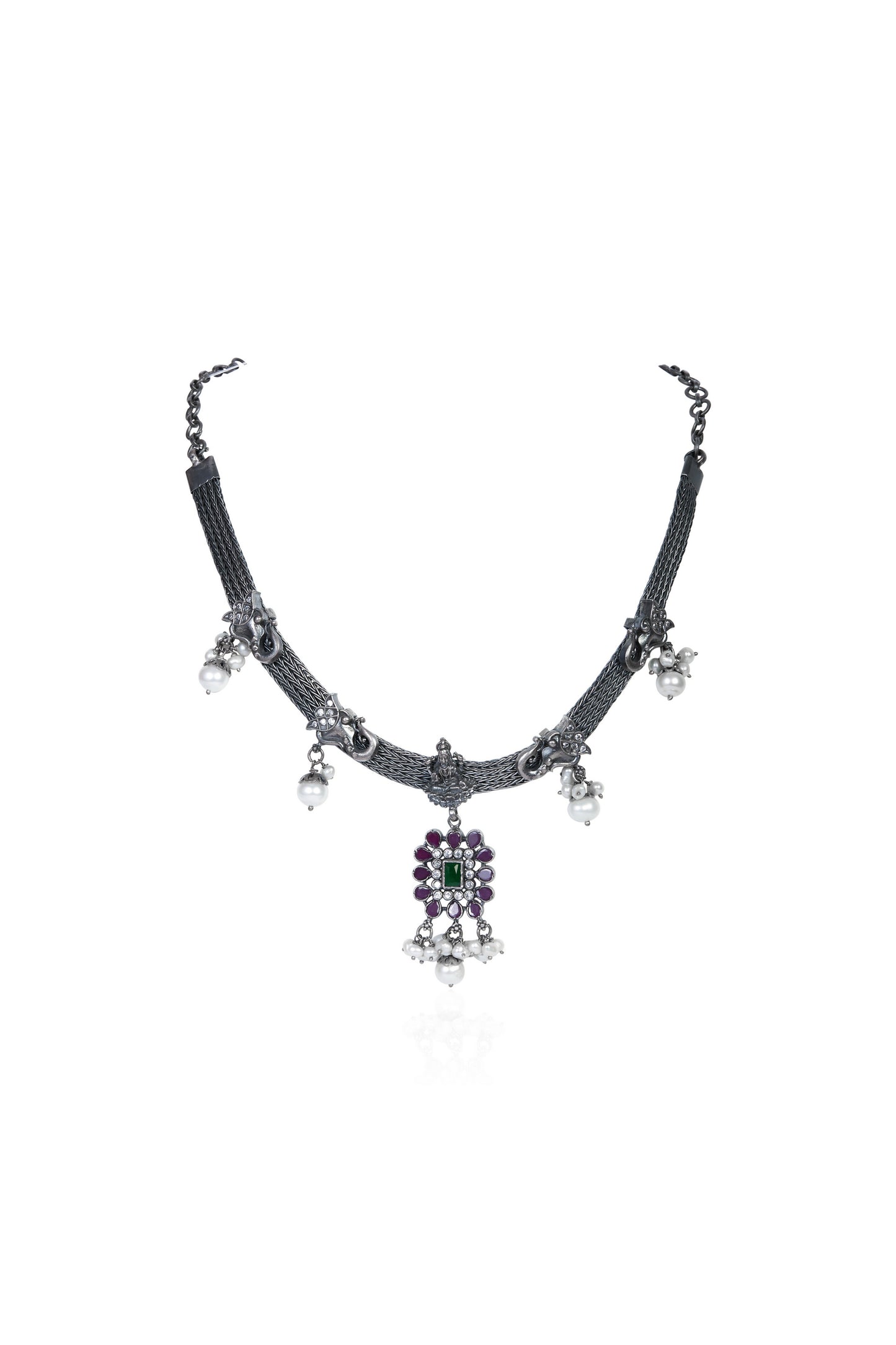 Elegant Oxidized Silver Choker with Central Emerald, Purple Stone Accents, and Pearl Dangles