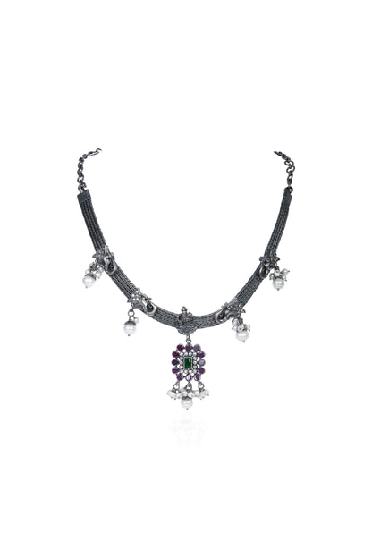 Elegant Oxidized Silver Choker with Central Emerald, Purple Stone Accents, and Pearl Dangles