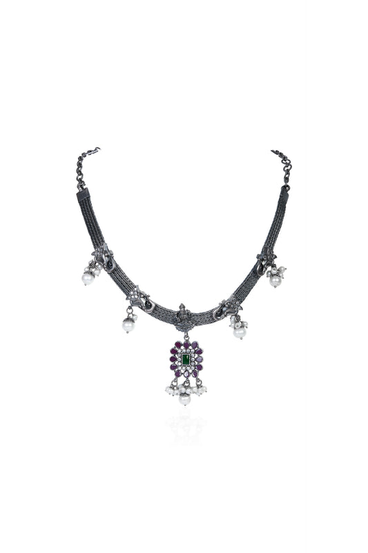 Elegant Oxidized Silver Choker with Central Emerald, Purple Stone Accents, and Pearl Dangles