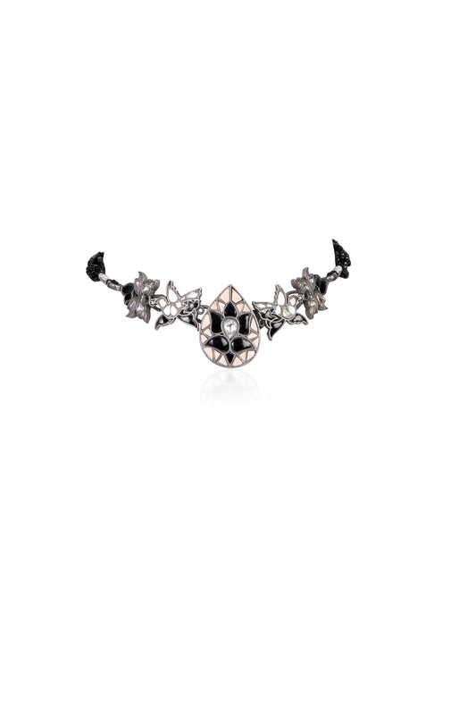 Elegant Oxidized Silver Choker with Floral Motifs, Black and White Enamel, and Sparkling White Stone