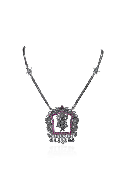 Oxidized Silver Necklace with Ganesha Pendant and Pink Gemstone Accents