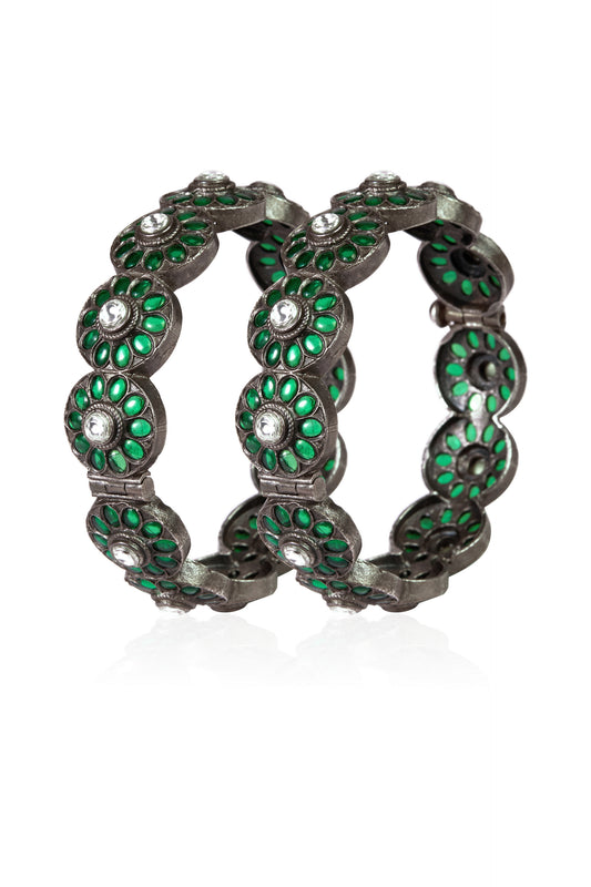Pair of Oxidized Silver Hinged Bangles with Green Enamel and White Gemstones
