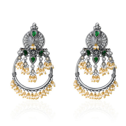 Oxidized Silver Green Stone & Pearl Half-Hoop Dangle Earrings