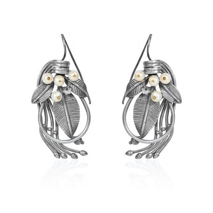 Oxidized Silver Leaf Dangle Earrings with Pearl and Stone Accents