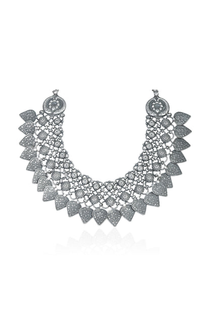 Oxidized Silver Choker with Intricate Mesh Design and Dangling Heart Pendants