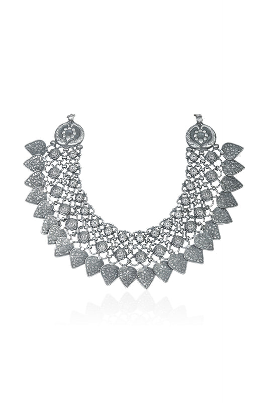 Oxidized Silver Choker with Intricate Mesh Design and Dangling Heart Pendants