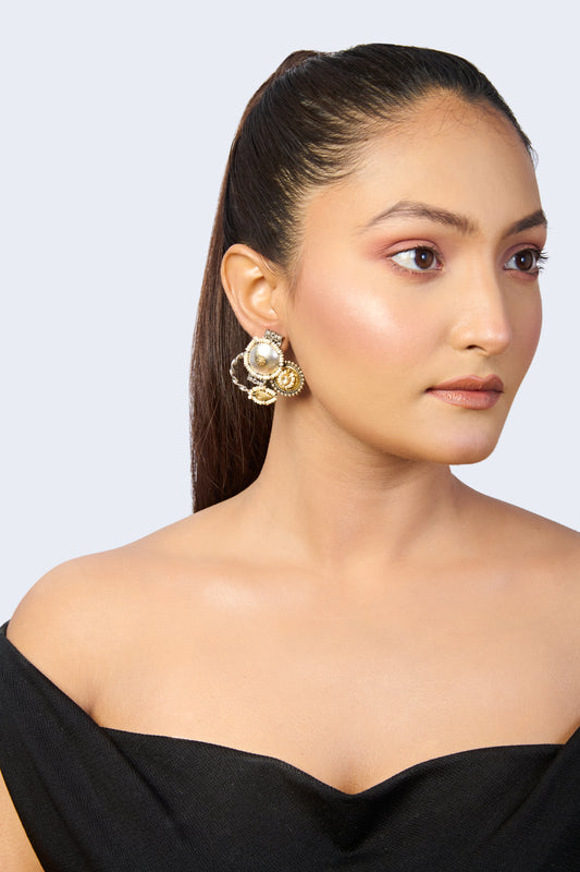 Oxidized Silver & Gold Tone Fusion Stud Earrings with Pearls and Paisley Detail