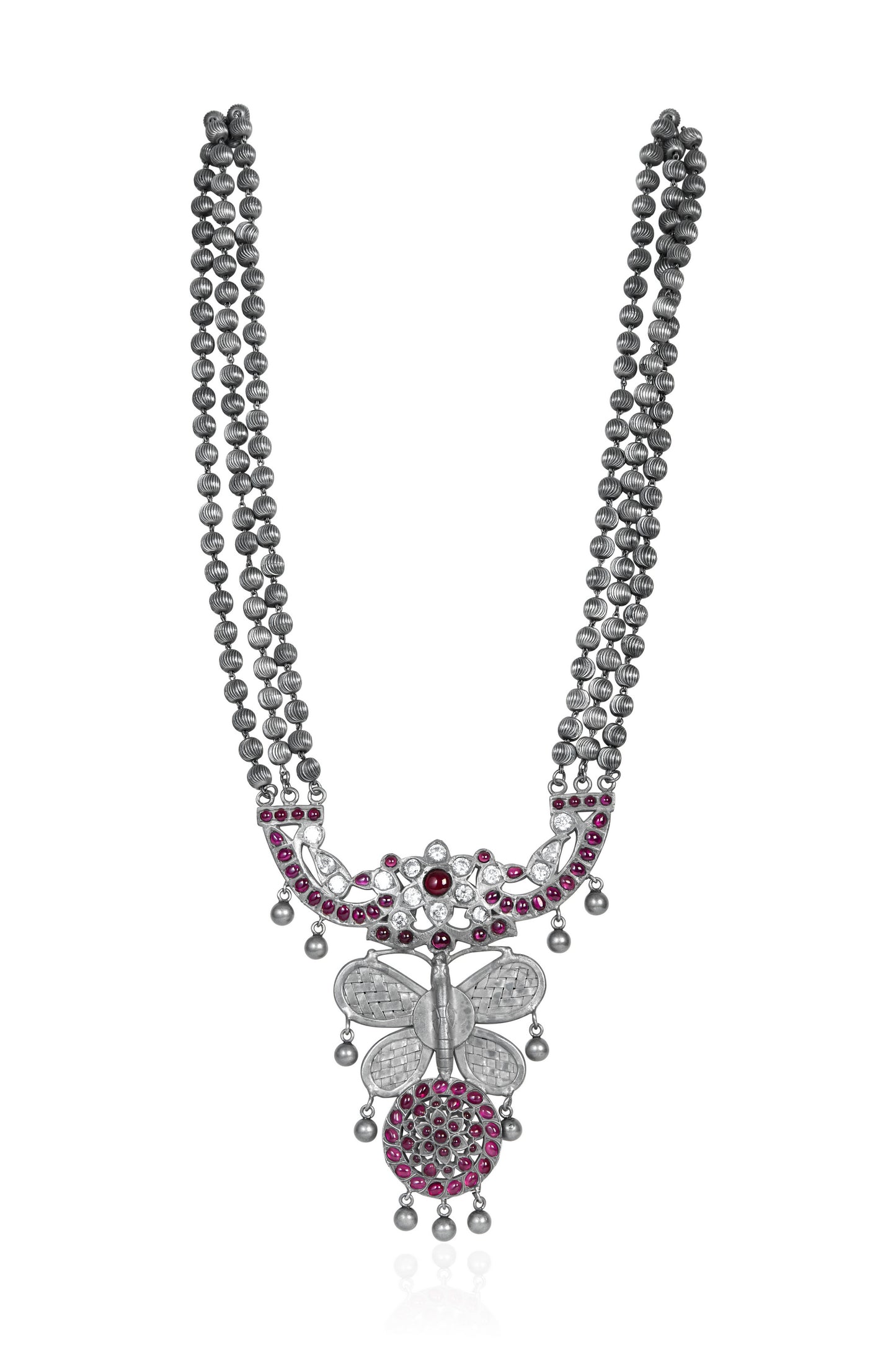 Oxidized Silver Necklace with Ruby Butterfly Pendant and Double Strand Chain