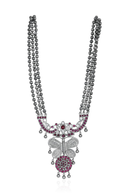 Oxidized Silver Necklace with Ruby Butterfly Pendant and Double Strand Chain