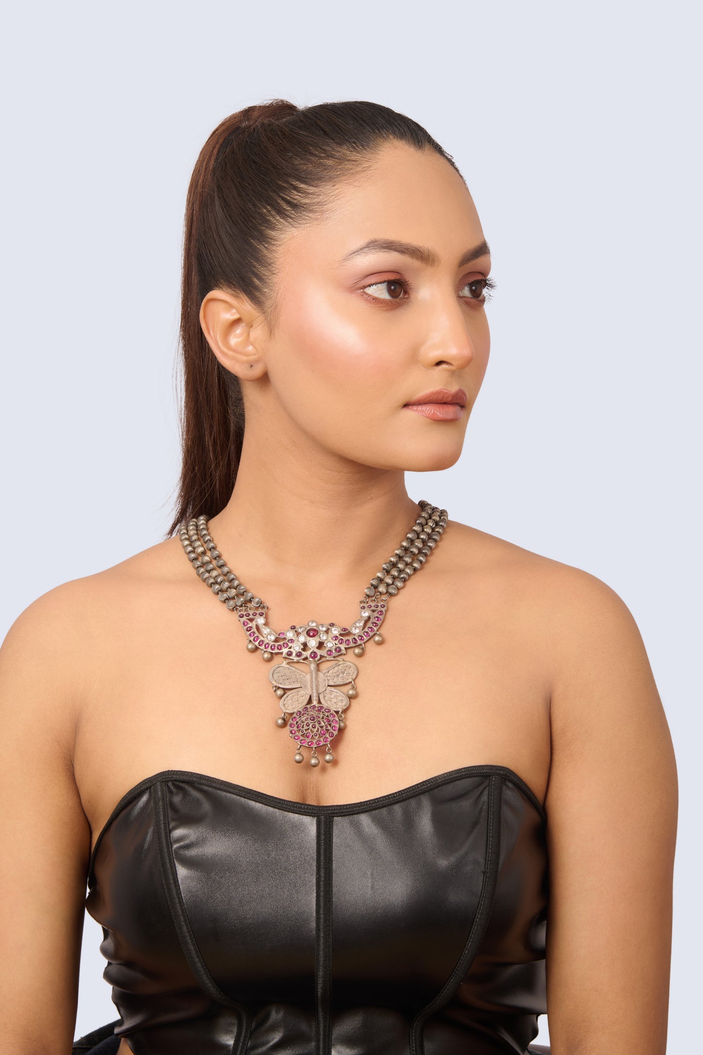 Oxidized Silver Necklace with Ruby Butterfly Pendant and Double Strand Chain