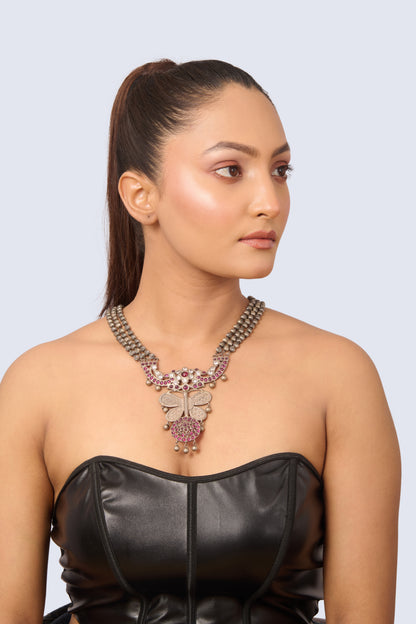 Oxidized Silver Necklace with Ruby Butterfly Pendant and Double Strand Chain