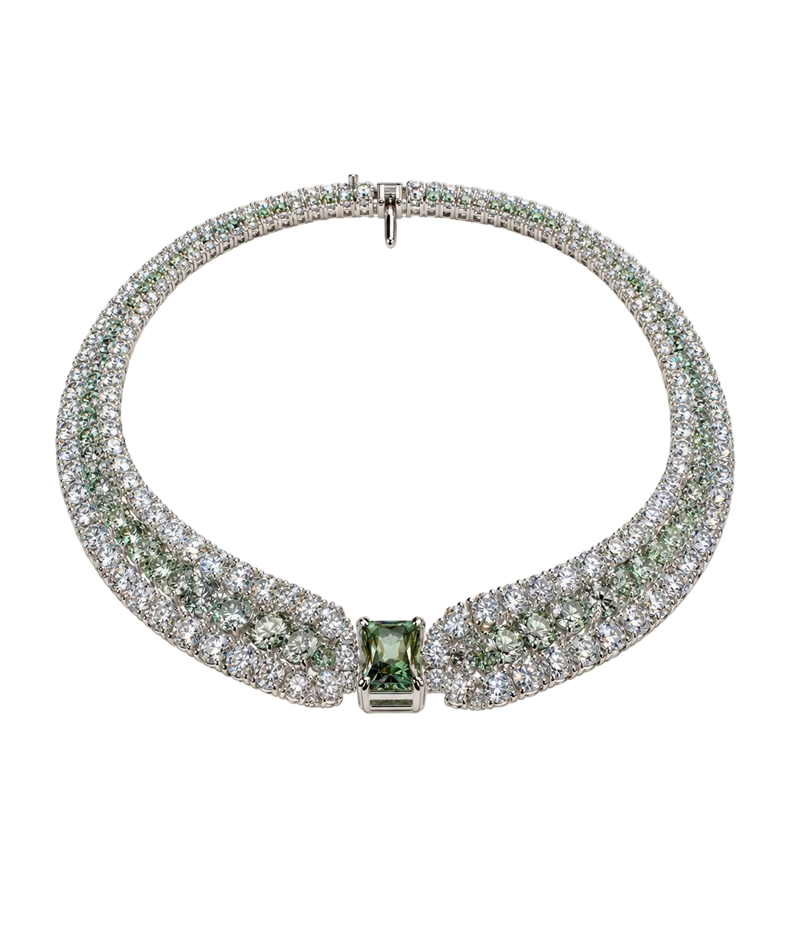 925 Silver Emerald Cut Green Stone & CZ Collar Necklace Set