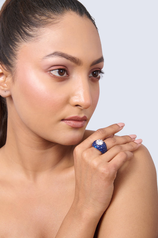 Silver-Toned Adjustable Ring with Large White CZ and Pave Blue Sapphires