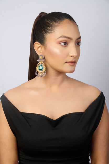 Oxidized Silver and Gold Dangle Earrings with Pear-Shaped Emerald and Silver Charms