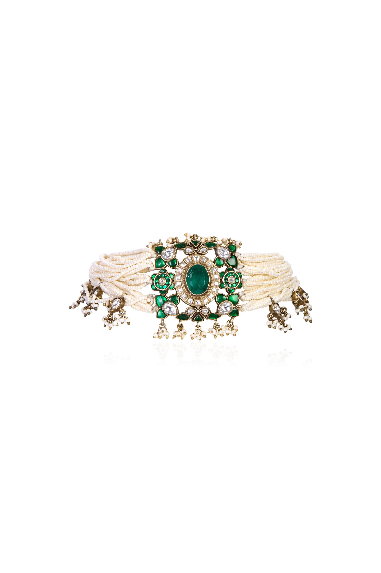 Multi-Strand Pearl Kundan Choker with Emerald and White Gemstones