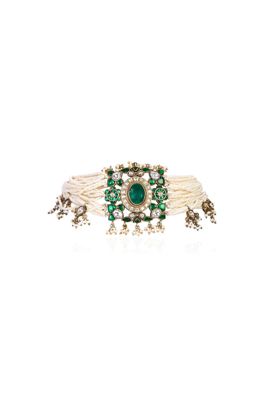 Multi-Strand Pearl Kundan Choker with Emerald and White Gemstones
