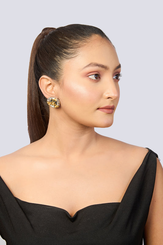 Dual-Tone Oxidized Silver and Gold Layered Flower Stud Earrings