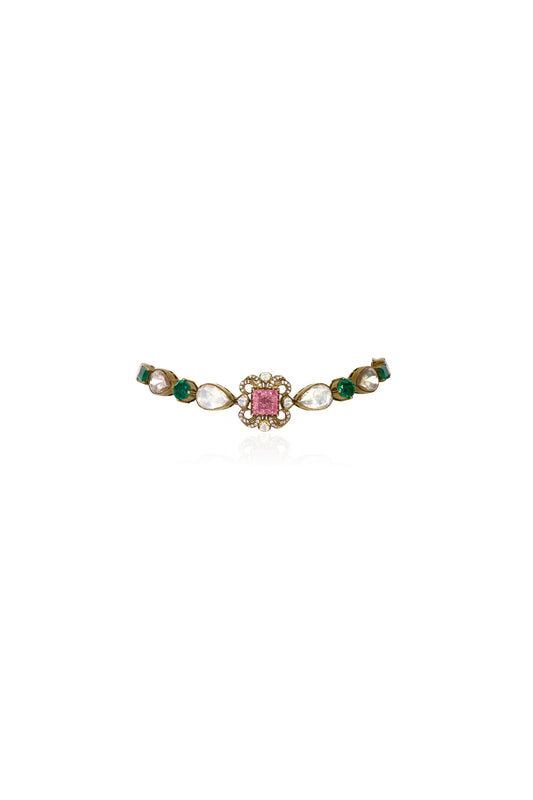 Ornate Choker Necklace with Square Pink Spinel, Green Peridot, and White Opal Details