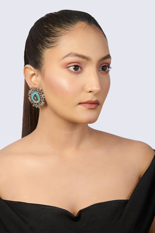 Oxidized Silver Meenakari Stud Earrings with Turquoise Teardrop & White Stones