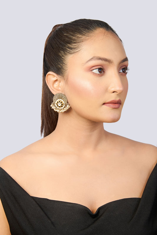 Oxidized Silver Stud Earrings with Black Onyx & White Kundan and Pearl Drops