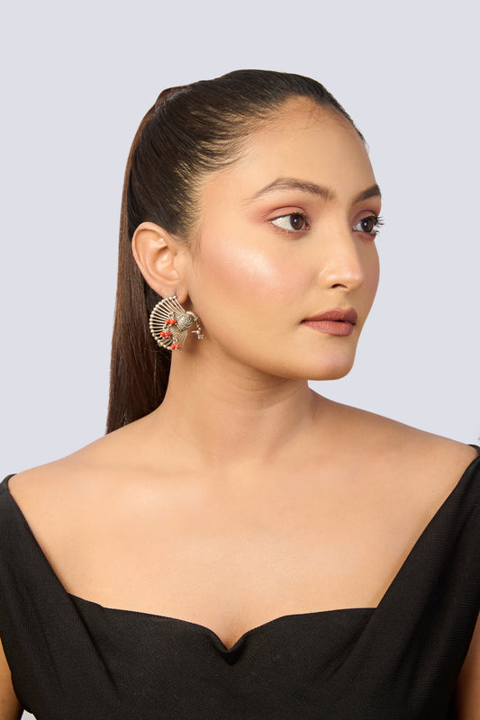 Oxidized Silver Peacock Drop Earrings with Red Coral Beads