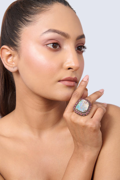Women's Ornate Oxidized Silver Cocktail Ring with Iridescent mother of pearl and Ruby Accents