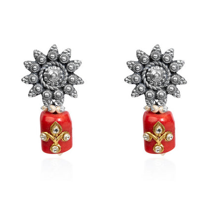 Women's Ethnic Silver Earrings with Vibrant Red Accent, Gold Detail, and Floral Silverwork