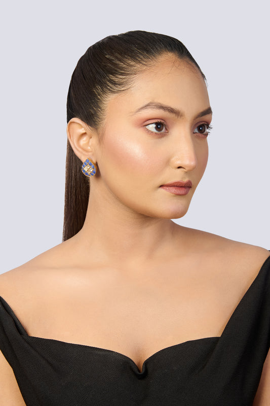 Gold-Tone Teardrop Stud Earrings with Blue Enamel & Square Stones